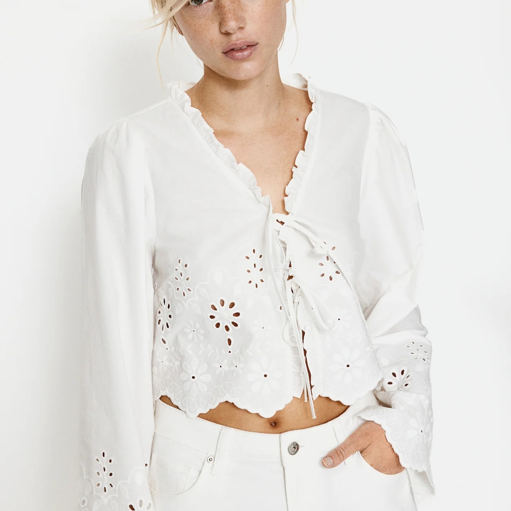 H&M White Bell Sleeve Crop Blouse with Tie Front